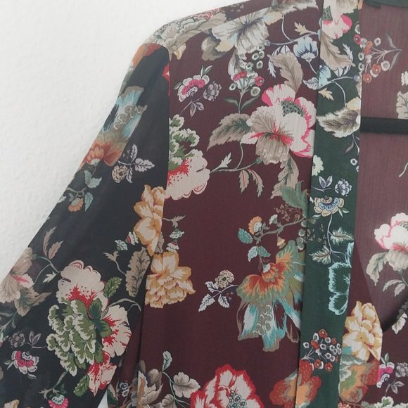 Zara Emerald Green & Burgundy Floral Chiffon Tie Neck Midi Dress - Picture 6 of 15